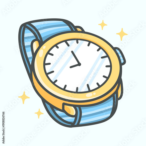 Gold Watch with Blue Strap Illustration for Icon, sticker and other uses, hand drawn vector