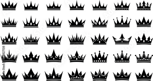 Collection of bold black crown silhouettes featuring royal tiaras, kingship emblems, heraldic symbols, and luxury monarchy designs