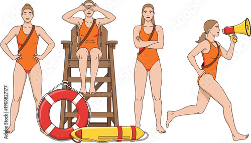 Female lifeguard character set illustration, beach safety professional poses, rescue equipment actions, summer swimming pool guard concept