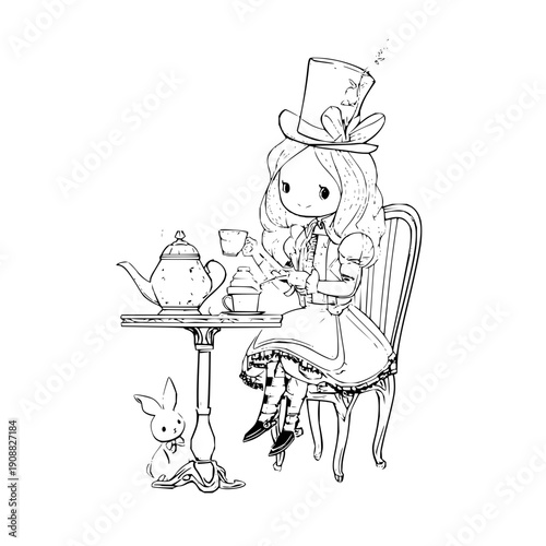 Whimsical girl in top hat enjoys tea with rabbit companion at small table in a fantasy setting