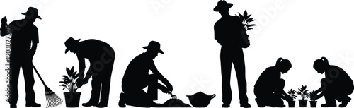 Gardening people silhouette set, planting watering plants, farmer gardener activities, agriculture landscaping nature work illustration collection
