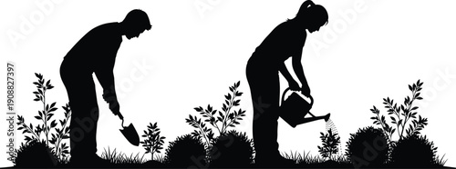 Gardening silhouettes illustration, man digging soil and woman watering plants, home garden care, eco lifestyle concept isolated on white background