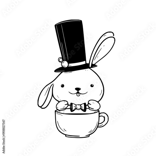 Playful cartoon bunny in top hat and bow tie sitting in a teacup smiling and looking happy
