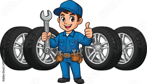Happy auto mechanic cartoon character holding wrench with car tires, professional repair service illustration for automotive maintenance, workshop and garage branding