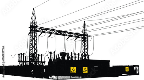 High voltage electrical substation silhouette with power transmission lines, industrial energy infrastructure, electricity distribution station and safety warning signs in dramatic contrast