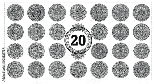 Sheet of twenty mandala designs for coloring book or art projects