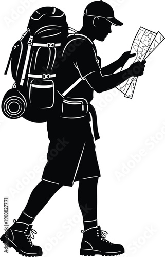 Hiker reading map silhouette, backpacker trekking adventure, outdoor travel navigation concept, hiking gear equipment, explorer lifestyle, black white vector illustration