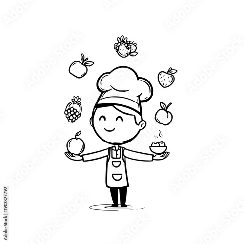 Smiling chef juggling fruit and dessert in kitchen surrounded by fresh produce symbolizing culinary expertise and abundance