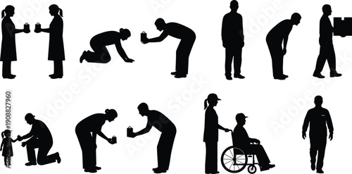 Human assistance and daily activities silhouettes, helping gestures, caregiving support, kindness actions, social interaction scenes, work movement, black white vector illustration