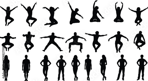 Human silhouette poses collection, jumping standing yoga dance positions, male female body shapes, black people outline illustration set