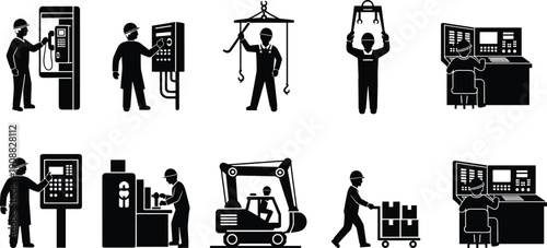 Industrial worker silhouettes operating machinery and control panels, factory automation processes, manufacturing labor, heavy equipment usage, engineering workflow illustration