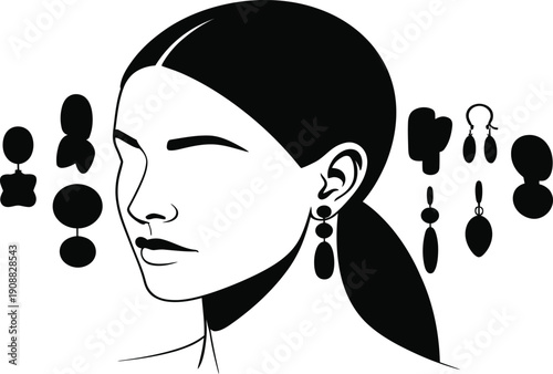 Vector illustration of womans head with various earrings