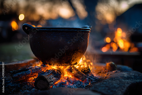 Cooking food over an open fire in a black pot during sunset in an outdoor setting with glowing embers and flames visible