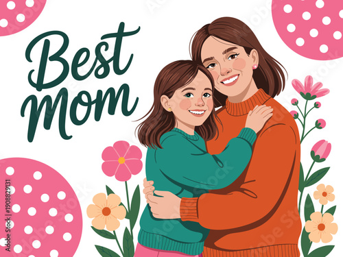 A heartwarming illustration of a mother and daughter embracing surrounded by colorful flowers and polka dots