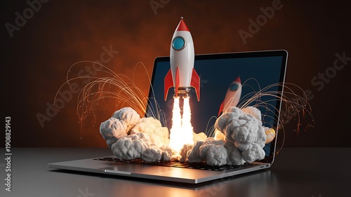 Rocket launching from laptop screen for startup innovation concept with clouds and sparks
