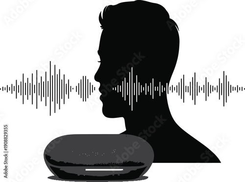 Black silhouette of a man speaking into a smart speaker with sound waves