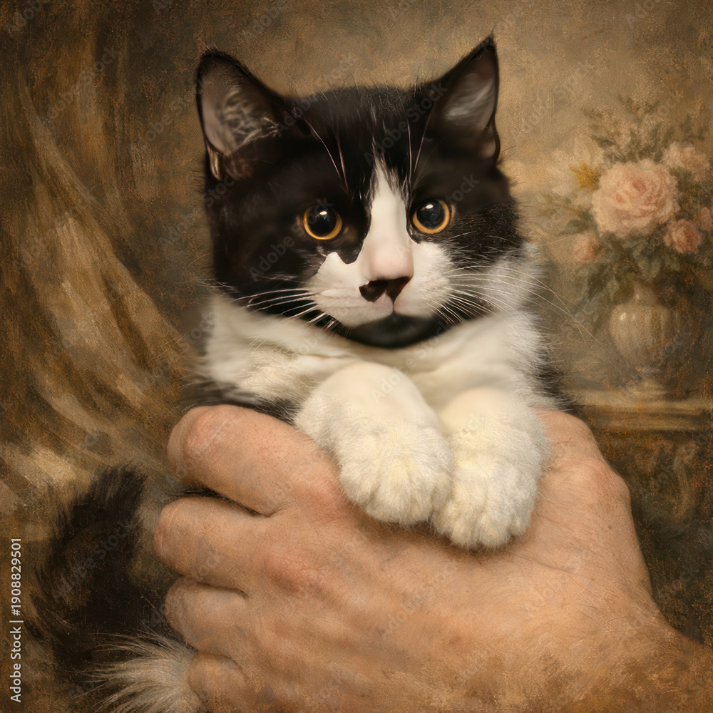 Fototapeta premium A touching portrait of a black and white kitten, carefully held in human hands. 