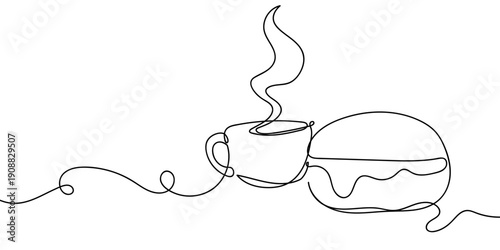 Continuous line drawing of a coffee cup and a cream-filled bread. single line vector illustration Editable stroke.