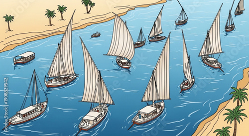 Sailing boats on a tropical blue sea with sandy beaches and palm trees sunny day with white sails