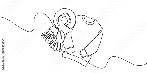 Continuous line drawing of a scarf and a sweater. single line vector illustration Editable stroke.