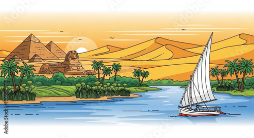 Sailing boat on nile river with pyramids and palm trees at sunset egypt landscape with sandy dunes