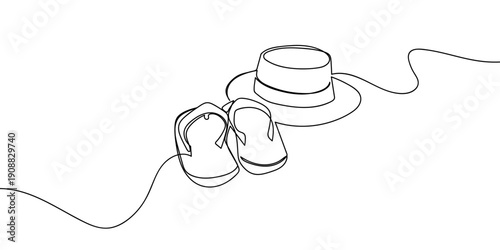 Continuous line drawing of beach sandals and a beach hat. single line vector illustration Editable stroke.
