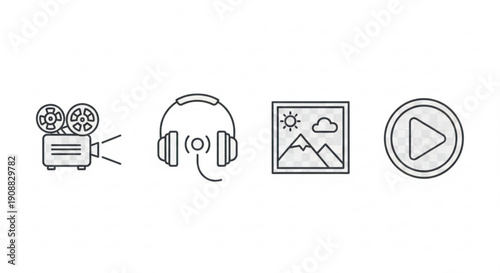 Multimedia icons set with film camera headphones photo and play button on white background for digital media and entertainment