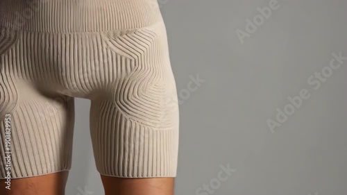 Medium shot capturing hip contour details in 3D knitted fabric featuring sculpted panels and subtle ribbing for enhanced body shaping and fluid garment structure.