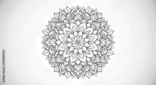 Detailed black and white mandala design on textured background