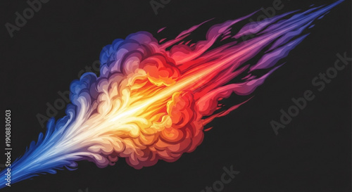 Vibrant multicolored flame with blue purple red orange and white hues on black background evoking energy and power