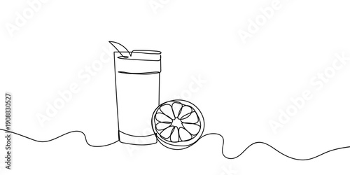 Continuous line drawing of orange juice and oranges. single line vector illustration Editable stroke.