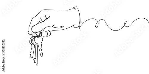 Continuous line drawing of a hand holding a set of keys. single line vector illustration Editable stroke.