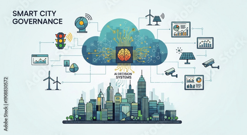 Futuristic cityscape floats on water amidst clouds and flying vehicles at sunset with sleek skyscrapers and modern architecture