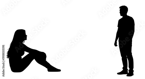 Minimalist black silhouettes of a man standing and a woman sitting on the floor, design for relationship blog graphics and social interaction presentations. Transparent SVG version.
