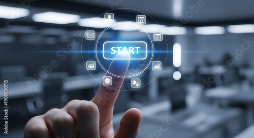 Finger touching a digital button that says START, indicating the beginning of a new project or process with technological advancements