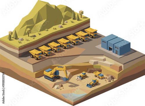 Isometric mining quarry illustration with dump trucks excavator industrial site landscape resource extraction concept modern low poly design 3D style