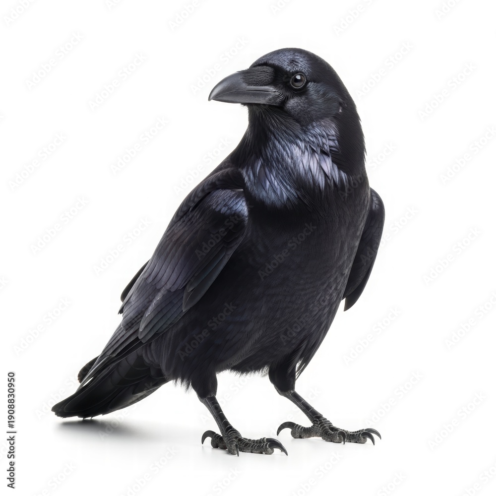 Fototapeta premium Elegant Raven: A sleek and intelligent raven stands regally, showcasing its dark, glossy feathers and sharp gaze. This captivating image highlights the beauty and mystique of the avian world.