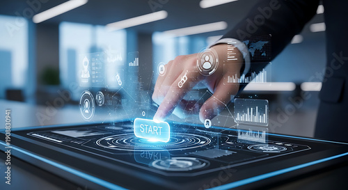 Businessman pressing a virtual button to start a digital process on a futuristic interface, symbolizing innovation and technology