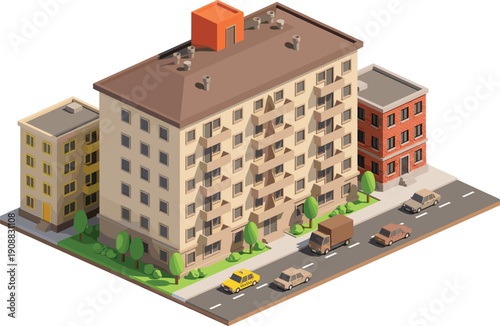 Isometric residential apartment building illustration with urban street cars trees housing architecture city neighborhood low poly real estate concept design