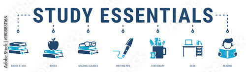 Study Essentials web banner icon vector illustration featuring Books Stack, Books, Reading Glasses, Writing Pen, Stationary and Desk