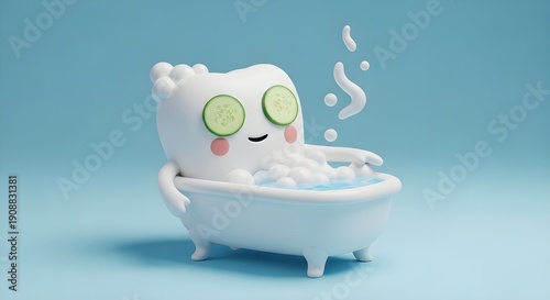 A cute 3D cartoon molar tooth character is taking a relaxing bubble bath with cucumber slices.