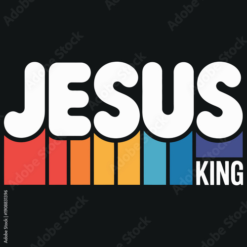 Jesus king typography design with retro rainbow stripes on dark background for apparel