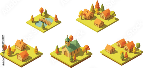 Isometric village landscape illustration with houses church trees river autumn scenery low poly rural architecture environment peaceful countryside design concept