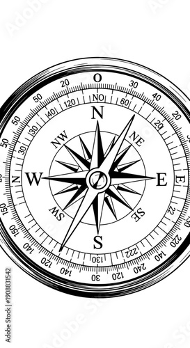 A detailed illustration of a compass on a white background from a direct viewpoint