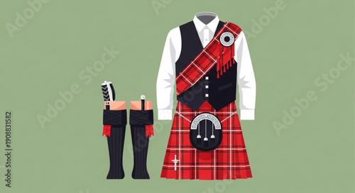 Traditional scottish kilt outfit with sporran sgian dubh and black boots on green background