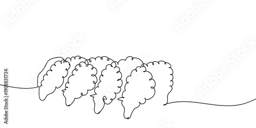 Continuous line drawing of a flock of sheep bending down to eat grass. single line vector illustration Editable stroke.