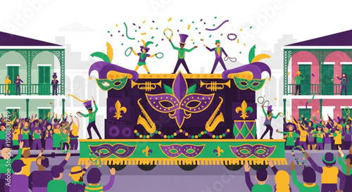 Mardi gras parade float with colorful crowd and festive decorations in new orleans