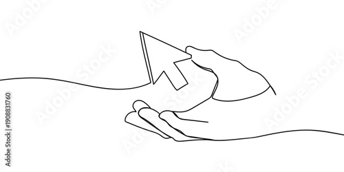 Continuous line drawing of a mouse cursor floating above a hand. single line vector illustration Editable stroke.