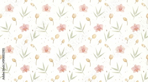 Seamless watercolor floral pattern with delicate pink orchid blooms, green leaves, and small yellow flower buds scattered across a light background. Created in a soft, pastel color palette.