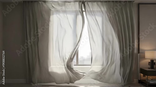 Medium shot of seamless widewidth curtains elegantly framing a hotel room window highlighting smooth fabric texture and reduced vertical seams.